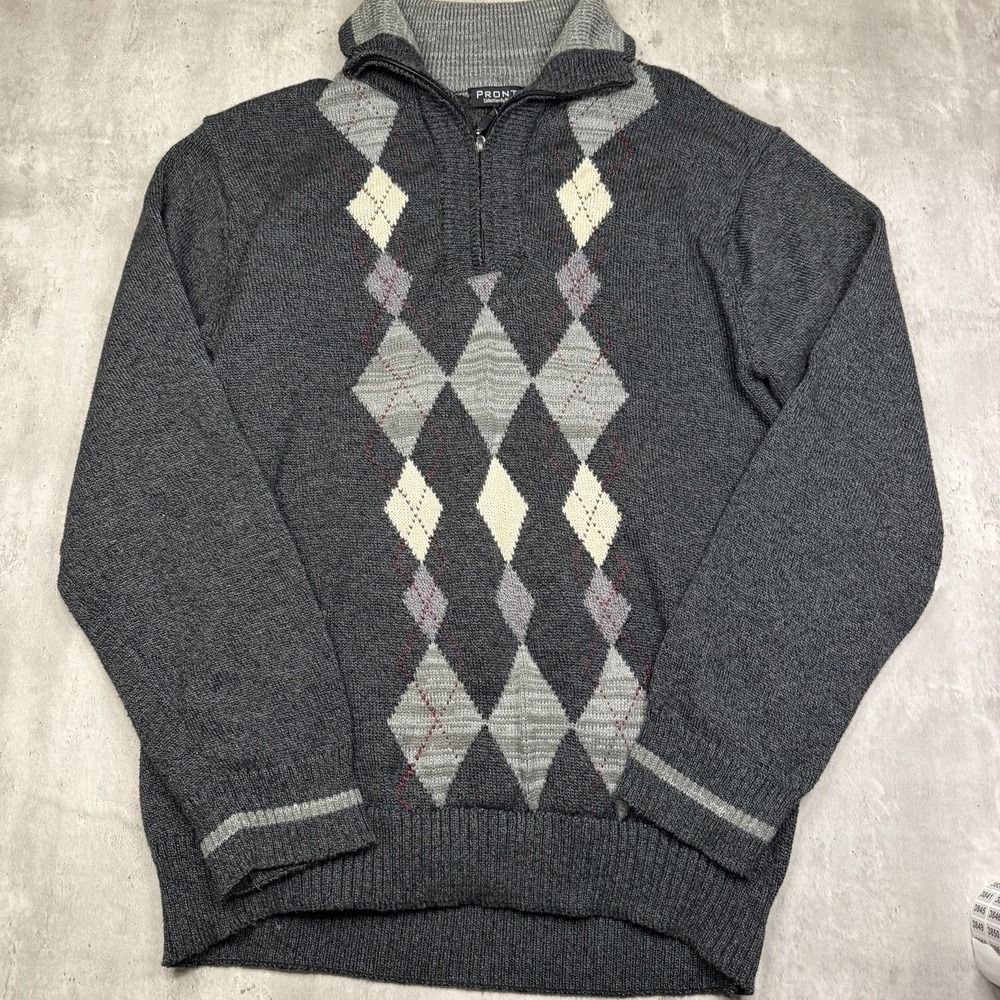Pronti Collection by Phita Mens 3X Knit Sweater 1/4 Zip Pullover Argyle Grey